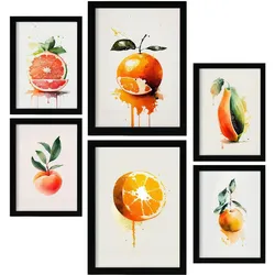 POSTER Set Mit 6 Zitrus Plakate Von Obst, Gemüse & Gesunden Lebensmitteln Im Aquarell Kunst Stil Auf Reinweißen Hintergründen A3 & A4 Schwarzer Rahmen