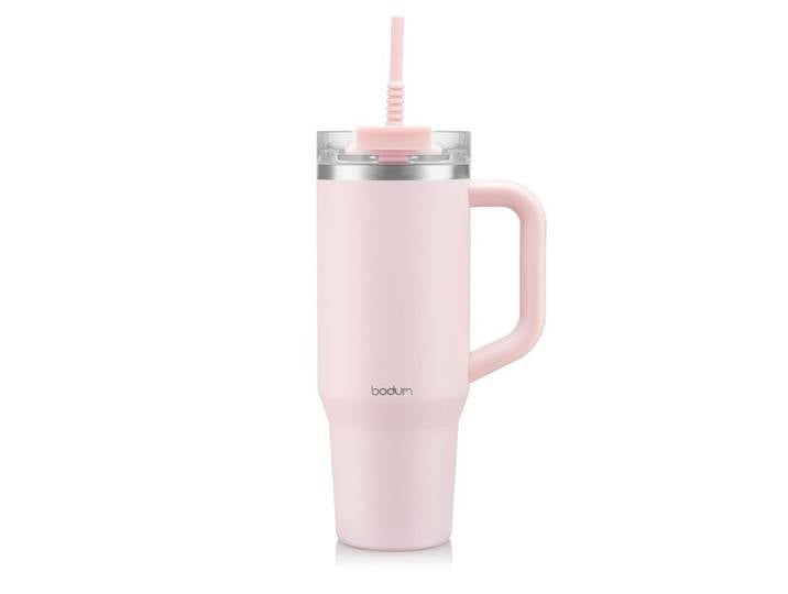 Bodum Gobelet de voyage avec paille, anse et couvercle rose poudré - 1,2 L