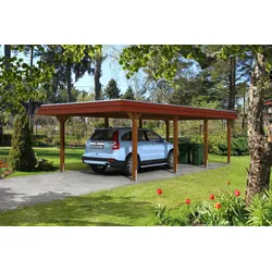 Carport Wendland 409x870 rote Blende, nussbaum, 20mm Dachschalung mit EPDM Folie Holzcarport