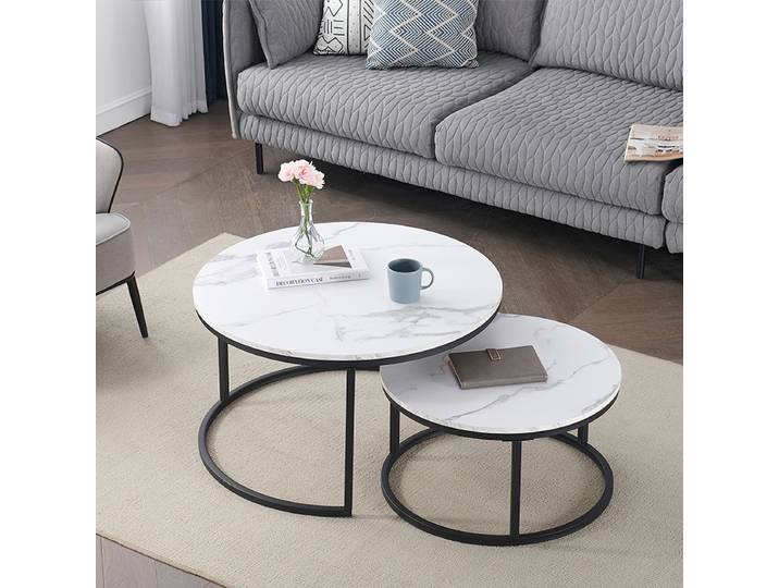 EGOONM – Table d'appoint ronde en marbre blanc, meuble de salon, Table basse, combinaison en bois, support métallique pour la maison