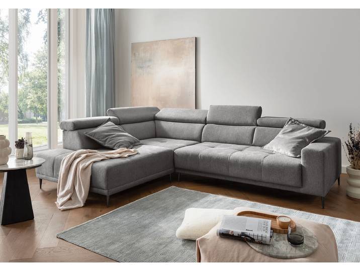 Ecksofa mit Sitztiefenverstellung Grau Webstoff Jimin 304 x 95 x 225cm Ottomane davorstehend links Modern
