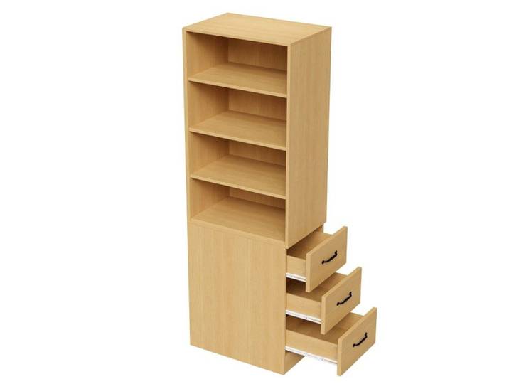 Étagère haute étroite 180 cm avec 3 tiroirs latéraux 4 niches ouvertes et étagères réglables coloris chêne