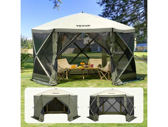 Tente pavillon pop-up VEVOR\, tente pop-up avec baldaquin sur 6 côtés\, protection solaire 12 x 12 pieds\, tente à montage rapide avec moustiquaire\, vert armée