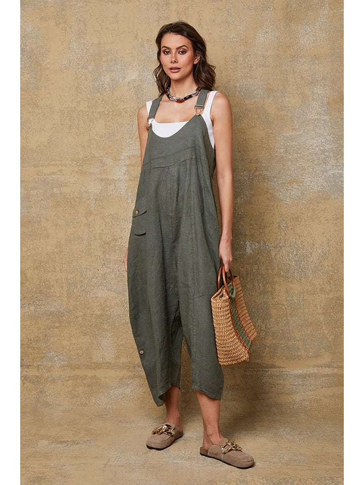 La Compagnie Du Lin Leinen-Latzhose "Bridget" in Khaki - M
