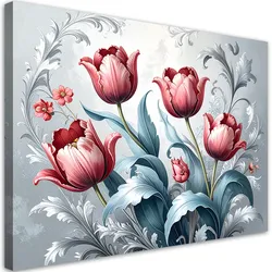 BILD auf Leinwand, Rote Tulpenblüten auf grauem Hintergrund