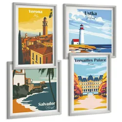 BILDER SET 4er Set - 50x50 cm & 40x60 cm Silberner Rahmen - Blicke auf berühmte Orte am Meer