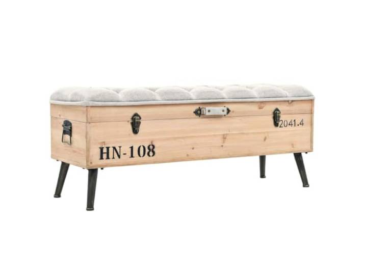 Sitzbank mit Stauraum 110 cm Massivholz Tanne, Vintage Aufbewahrungsbank Gepolsterte Sitzfläche, robuste Stahlbeine, Reisekoffer-Design, vielseitig nutzbar