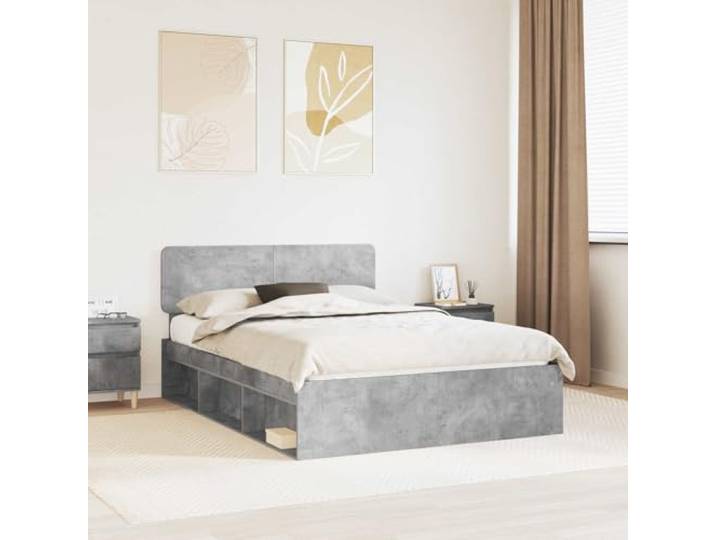 Massives Kiefernholz Bettgestell Modern Elegant Grau 150 x 200 cm Bettrahmen Beton Grau 150 x 200 cm Massives Kiefernholz Bettgestell mit Kopfteil Stabil Holz Lattenrost Doppelbett