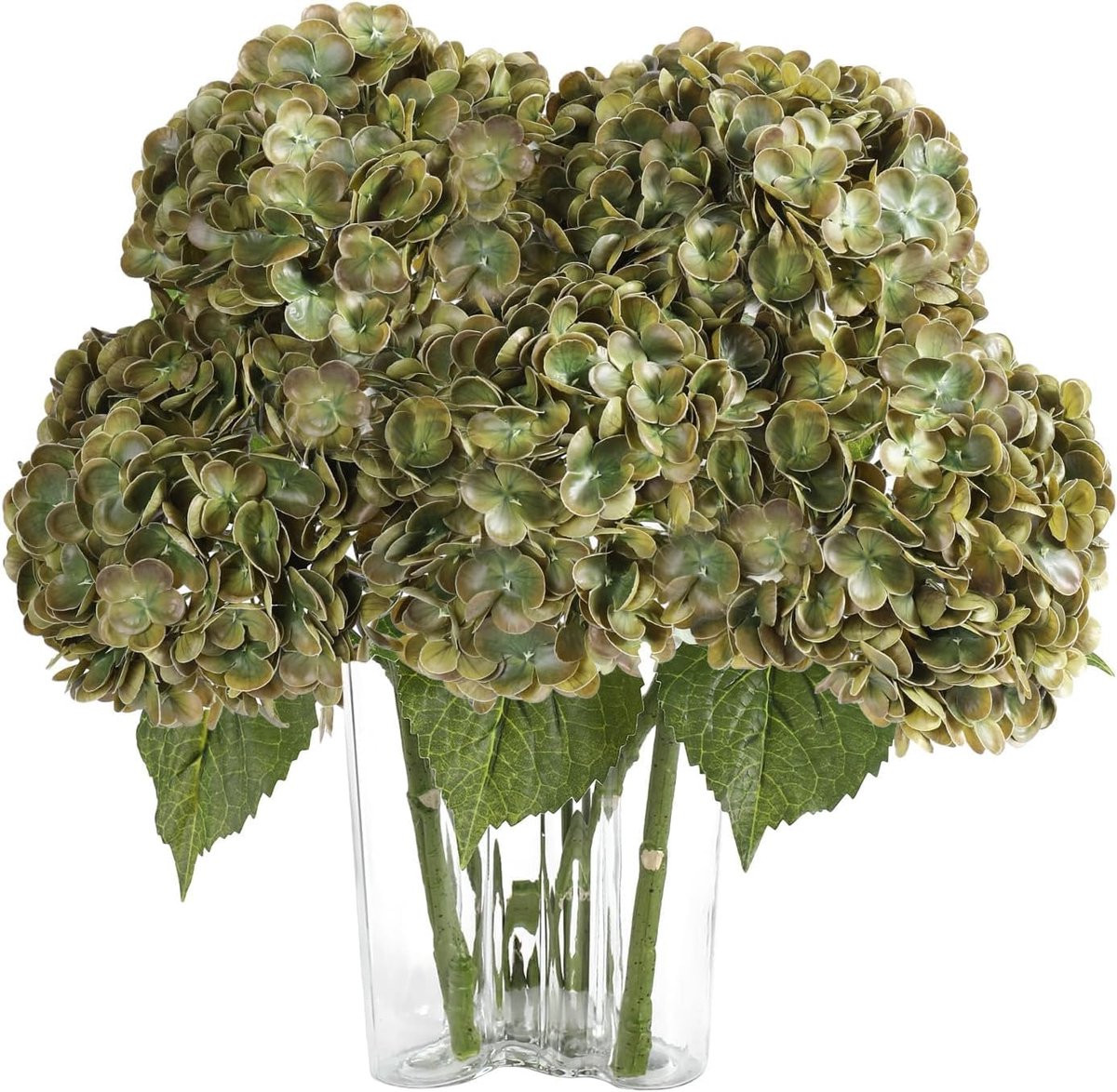 SnelShoppen Set van 3 Real Touch Kunstmatige Hortensia Bloemen - Olijfgroen