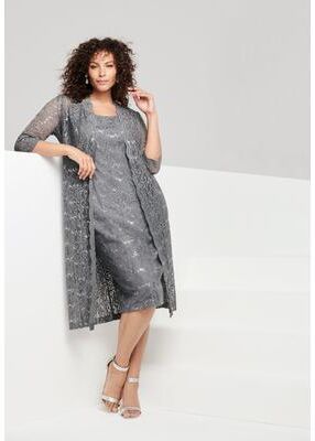 Plus Size Women's Plus Size 3/4 Sleeve Formal Duster Sequin - Embellished Lace Dress Set by Roaman's in Gunmetal (Size 36 W) Formal Evening
