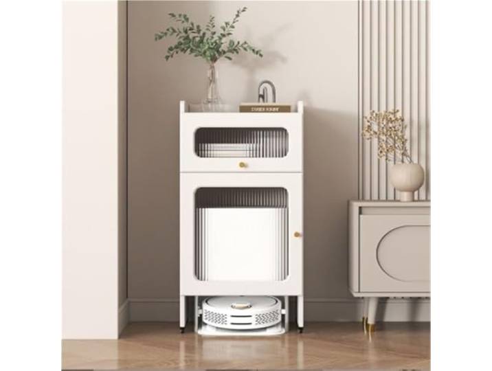 Roboter-Vakuum-Aufbewahrungsschrank Glastüren Versteckten Holzschrankrädern For Die Küche Und Das Wohnzimmer, Jetzt Zu Hause Verwenden(White,High)