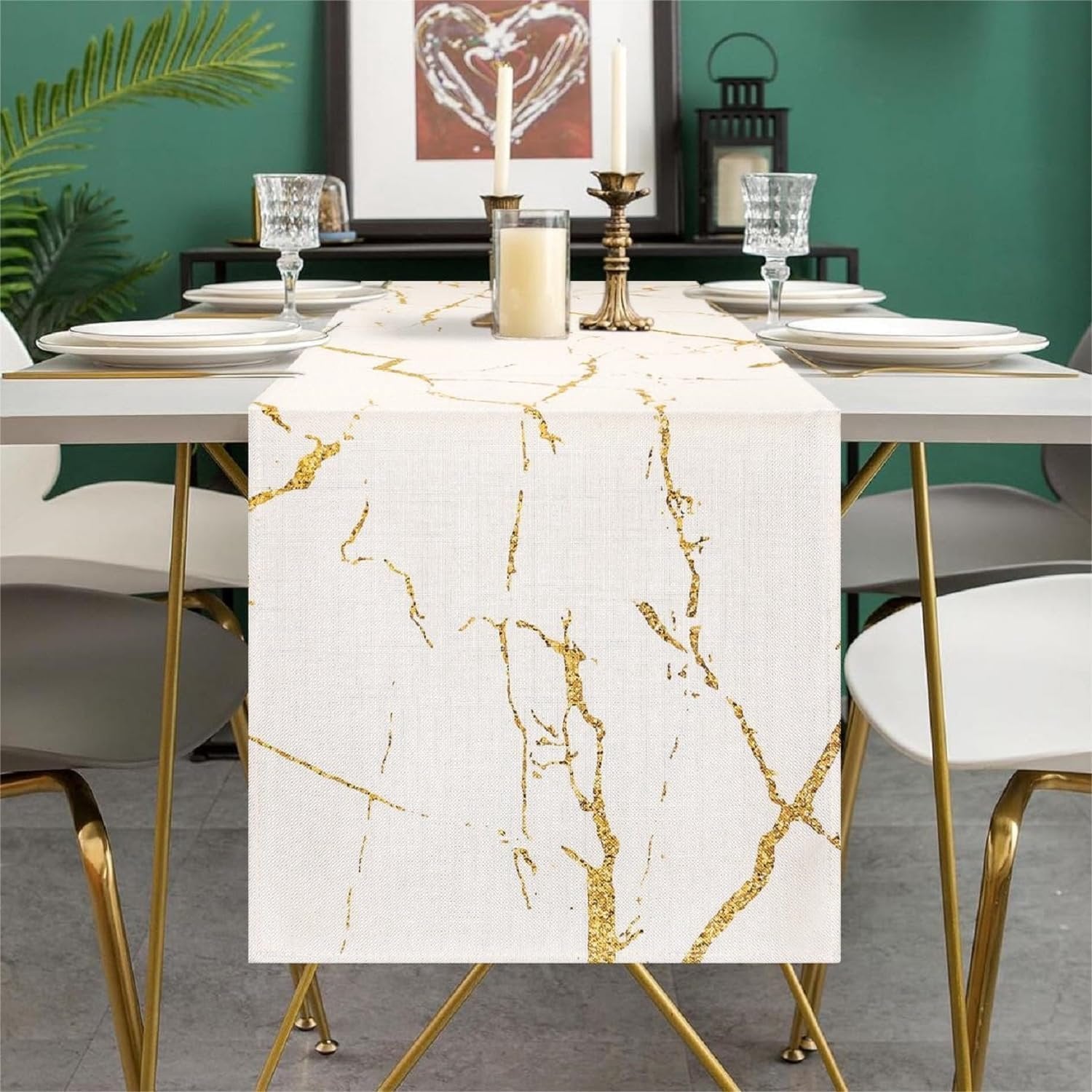 Table Runner Marmer Wit Goud Abstract Geometrisch B/D/H: 40 x 140 cm
