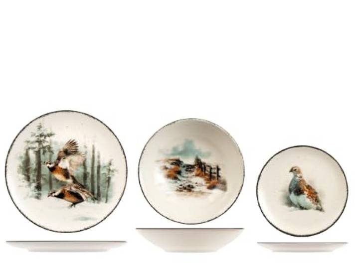 H&H Wild Nature Tafelservice 18-teilig aus Stoneware, 6 Speiseteller Ø 26 cm, 6 Coupe-Tiefenteller Ø 20,5 cm, 6 Dessertteller Ø 19,5 cm, Motiv mit Wildvögeln und verschneiten Landschaften
