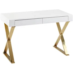 FineBuy Schreibtisch Hochglanz Weiß Gold 118 cm Holz Computertisch Tisch Büro