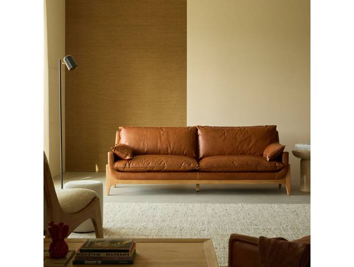 Woodnest - Sofa aus massivem Eichenholz und braunem Leder, 3-Sitzer - Braun