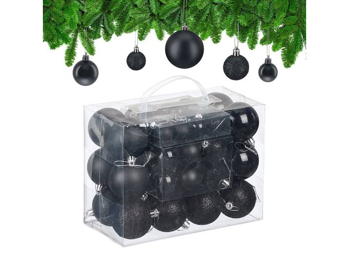 Weihnachtskugeln 50er-Set Matt-Glänzend-Glitzer Schwarz-Silber