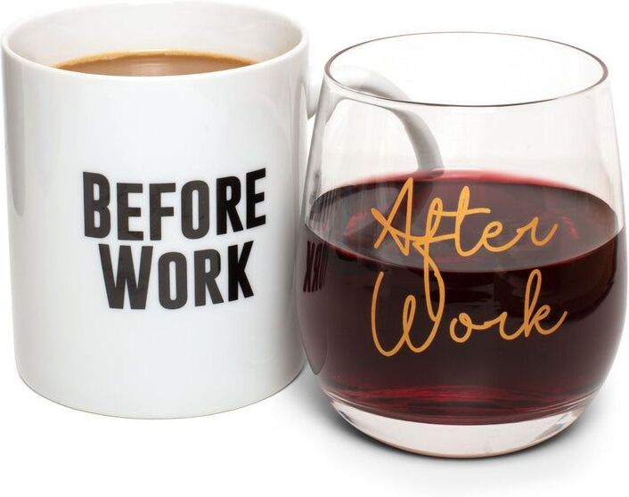 Before Work, After Work Mug & Wine Mug & Glass Set