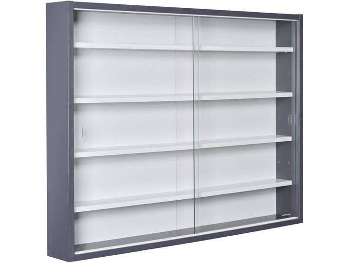 Vitrine Murale pour Objets de Collection - Armoire 4 Étagères 5 Compartiments Portes Coulissantes - MDF Gris/Blanc 80x60x9 5 cm