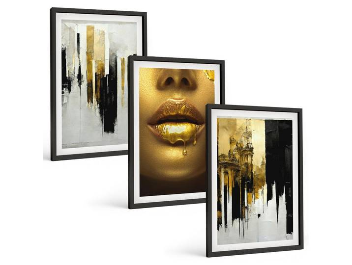 BILDER SET 3er Set - 40x60 cm Schwarzer Rahmen - Abstrakte Porträtmalerei