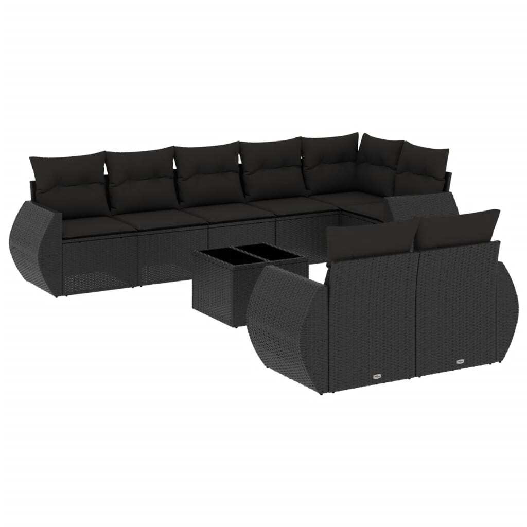 Garten-Sofagarnitur, modular, 9-teilig, für Außenbereich, aus PE-Rattan, pulverbeschichtetem Stahl und Hartglas, mit schwarzen Kissen, UV-beständig