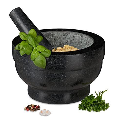 Relaxdays Granieten vijzel met stamper, zwart en grijs, Ø 20 cm