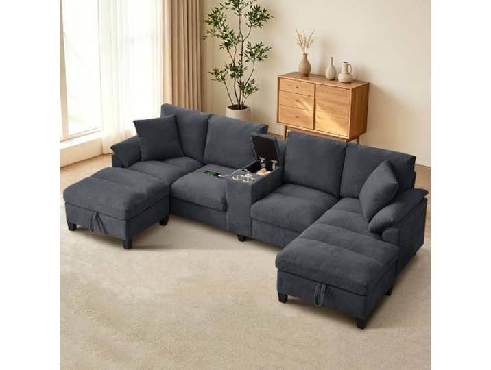116 U Form Modulares Wohnlandschaft Ecksofa, Modulares Sofa 4-Sitzer U-förmiges Ecksofa mit 2 USB-Anschlüssen, Sofa und Couch mit 2 Getränkehaltern, 2 Stauraum Ottomane, Dunkelgrau