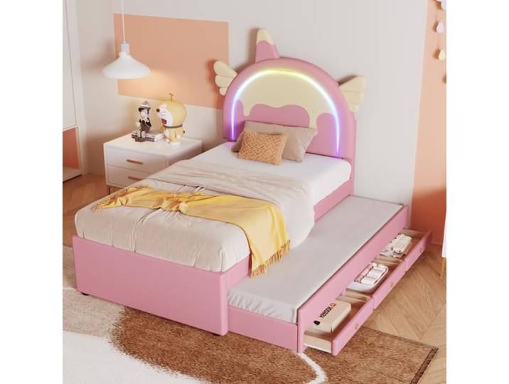 Lit enfant licorne 90x200 cm extensible avec tiroir polyuréthane rose design magique