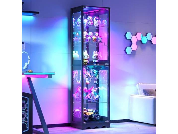 TAGELIER 6-stufige Glasvitrine mit Glastüren und RGB LED Verstellbare Regalböden, Bewegungssensor, Moderne LED Glasvitrine für Sammlerstücke