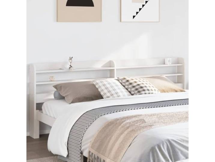 Bettbett Kopfteil mit Einlegeböden weiß 180 cm aus massivem Kiefernholz, freistehend Kopfteil mit drei Ablagefächern, platzsparend im Schlafzimmer
