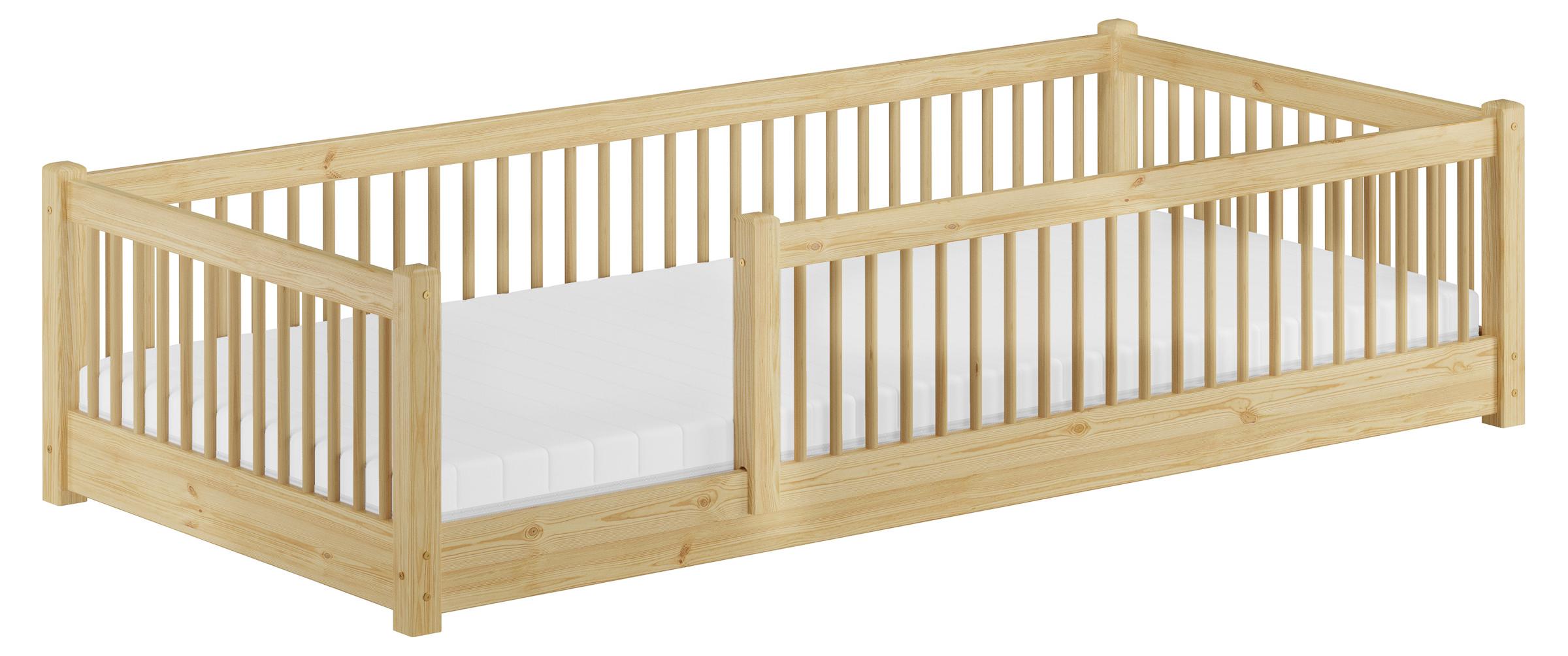 Kinderbett niedriges Bodenbett Kiefer natur 90x200 Kleinkinder Laufstall ähnlich V-60.65-09Rollrost und Matratze inkl.
