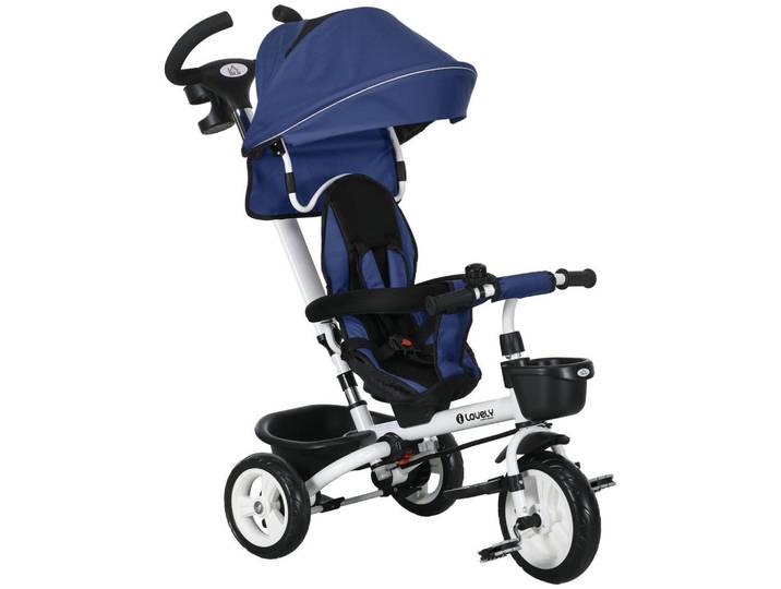 Homcom 6 in 1 Dreirad mit Schubstange, Kinderdreirad mit Sicherheitsgurt, Sonnendach, Blau, Metall, 50x104x112 cm, Spielzeug, Kinderfahrzeuge