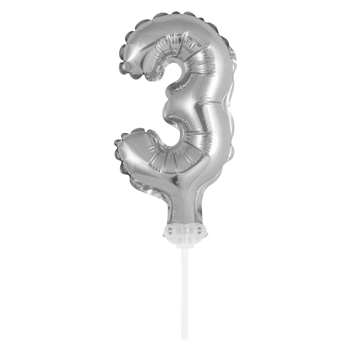 Idena Folienballon Zahl 3 am Stab 13cm silber (1x) (22658365)