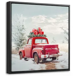 LEINWAND Bilder mit Rahmen - Auto - Rot - Geschenke - Winter - Schnee - Weihnachten - 20x20