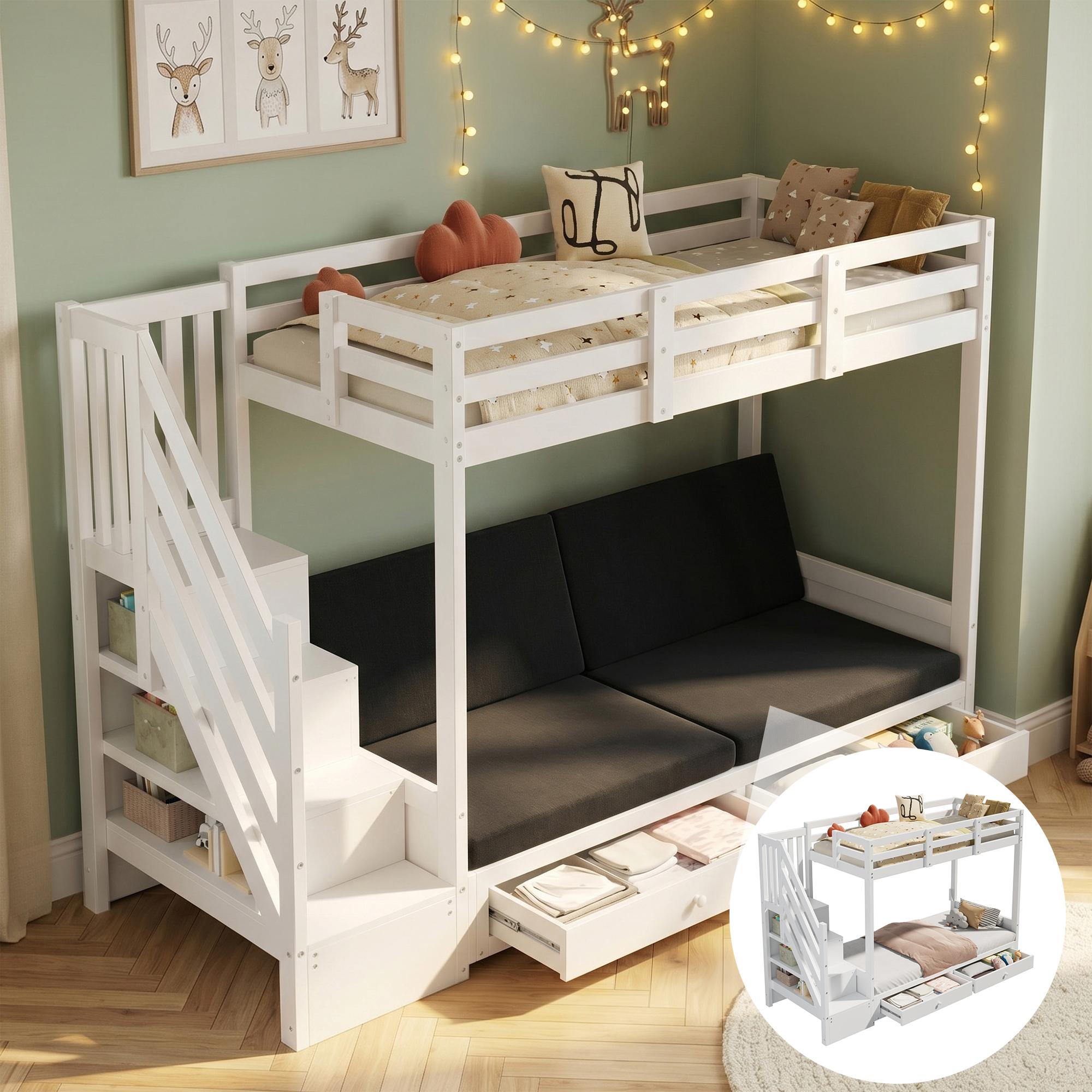Etagenbett 90 x 200 cm, mit Schubladen, Treppe, Lattenrost, fš¹r Kinderzimmer und Jugendzimmer, Massivholzkonstruktion, Wei?