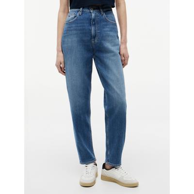 Mom-Jeans TOMMY JEANS "MOM JEAN UH TPR", Damen, Gr. 29, Länge 30, blau (denim medium), Denim/Jeans, Obermaterial: 99% Baumwolle, 1% Elasthan, unifarben, lang, Jeans, Tapered Mom Jeans mit ultrahohem Bund