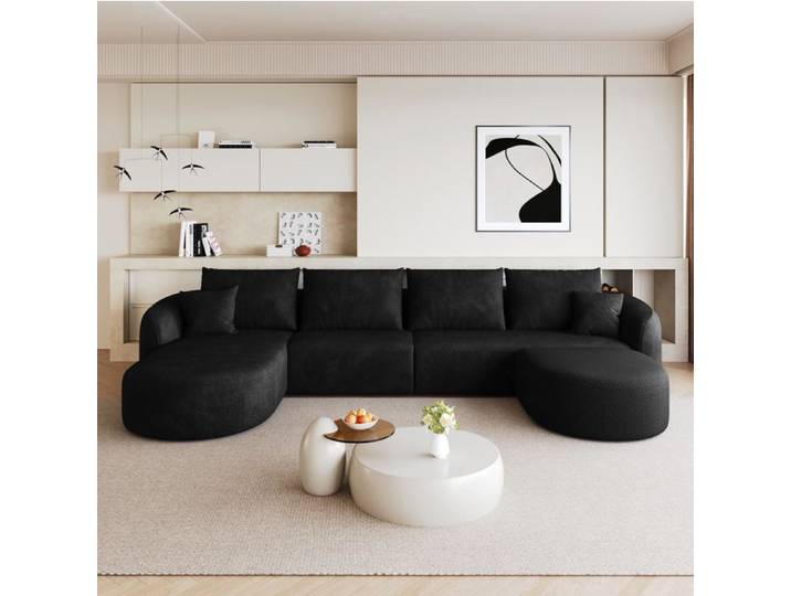 Canapé d'angle U compressé 336 cm noir en tissu chenille modulable sans montage 6 places