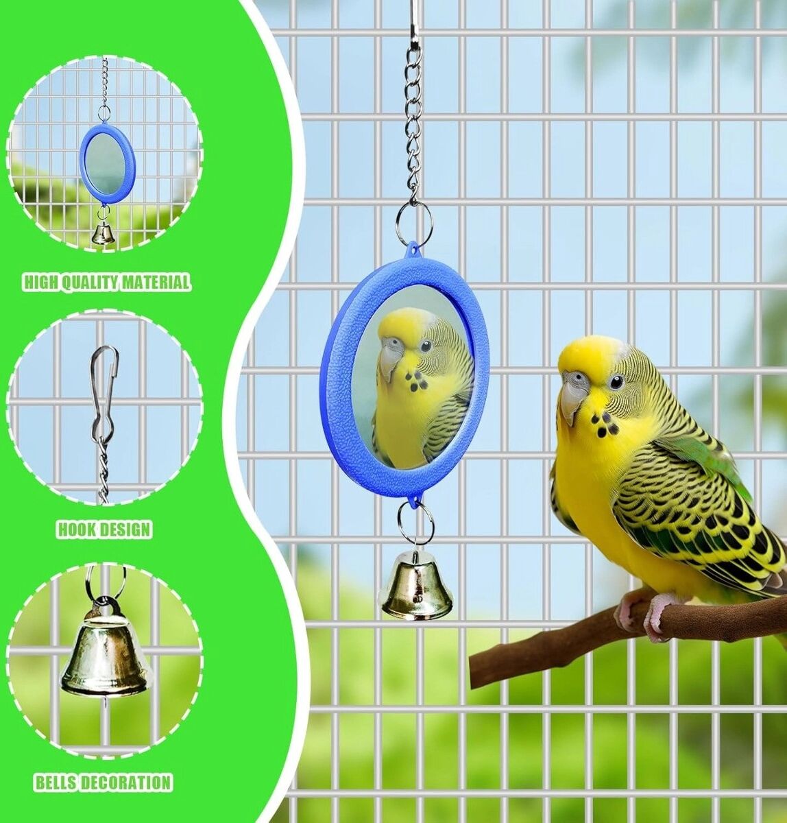 INF Jouet suspendu pour oiseaux avec miroir carré, cloche et chaîne - Jouet interactif pour perroquet et perruche Bleu