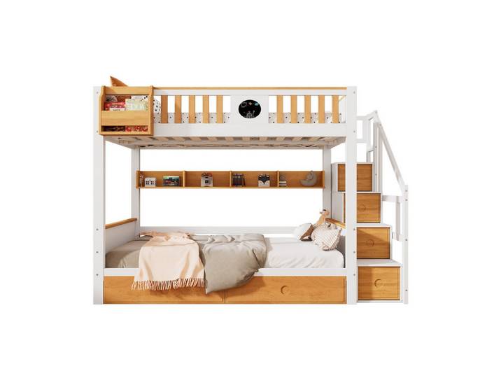 Odikalo Kinderbett Etagenbett Hochbett Treppe Stauraum Rahmen Weiß+Natur 90x200cm