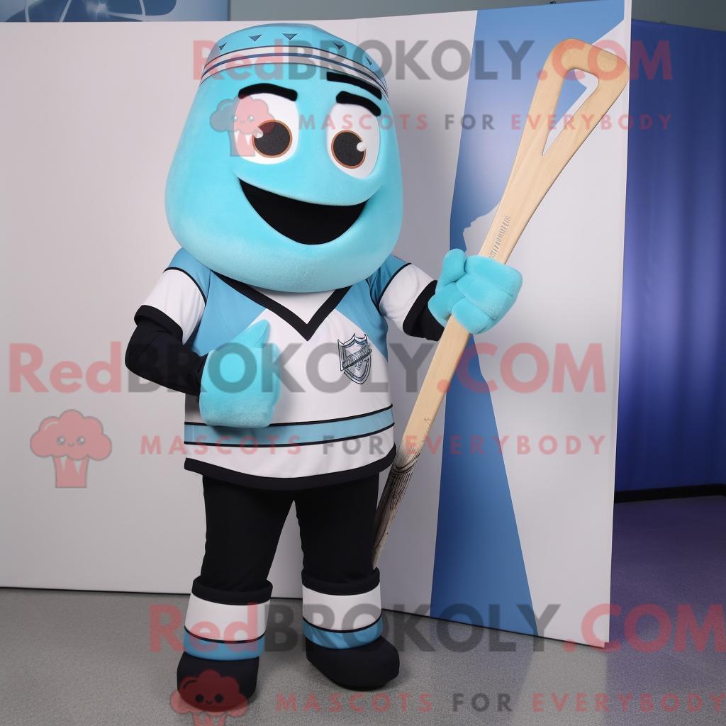Maskottchen REDBROKOLY eines cyanfarbenen Eishockeyschlägers mit Tanktop und Krawattennadeln