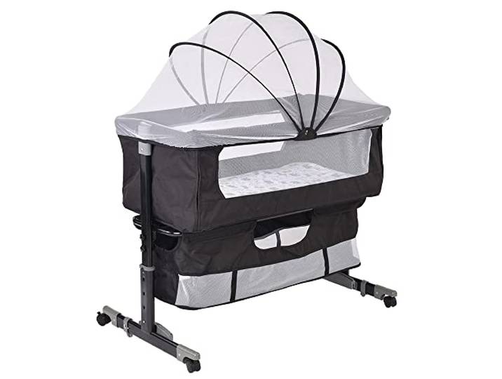 Cododo Babybett – Babywiege mit Matratze, Schaukelmodus für Babyschaukel, klappbare Seite, verstellbare Höhe, Netzfenster, Räder und Reisetasche