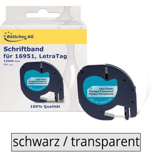 Böttcher-AG Schriftband für Dymo 16951, LetraTag, 12mm, Länge 4m, schwarz/transparent, Plastik