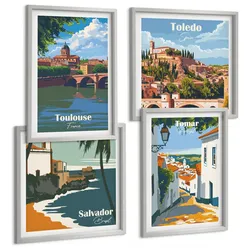BILDER SET 4er Set - 50x50 cm & 40x60 cm Silberner Rahmen - Retro-Stadtgrafiken