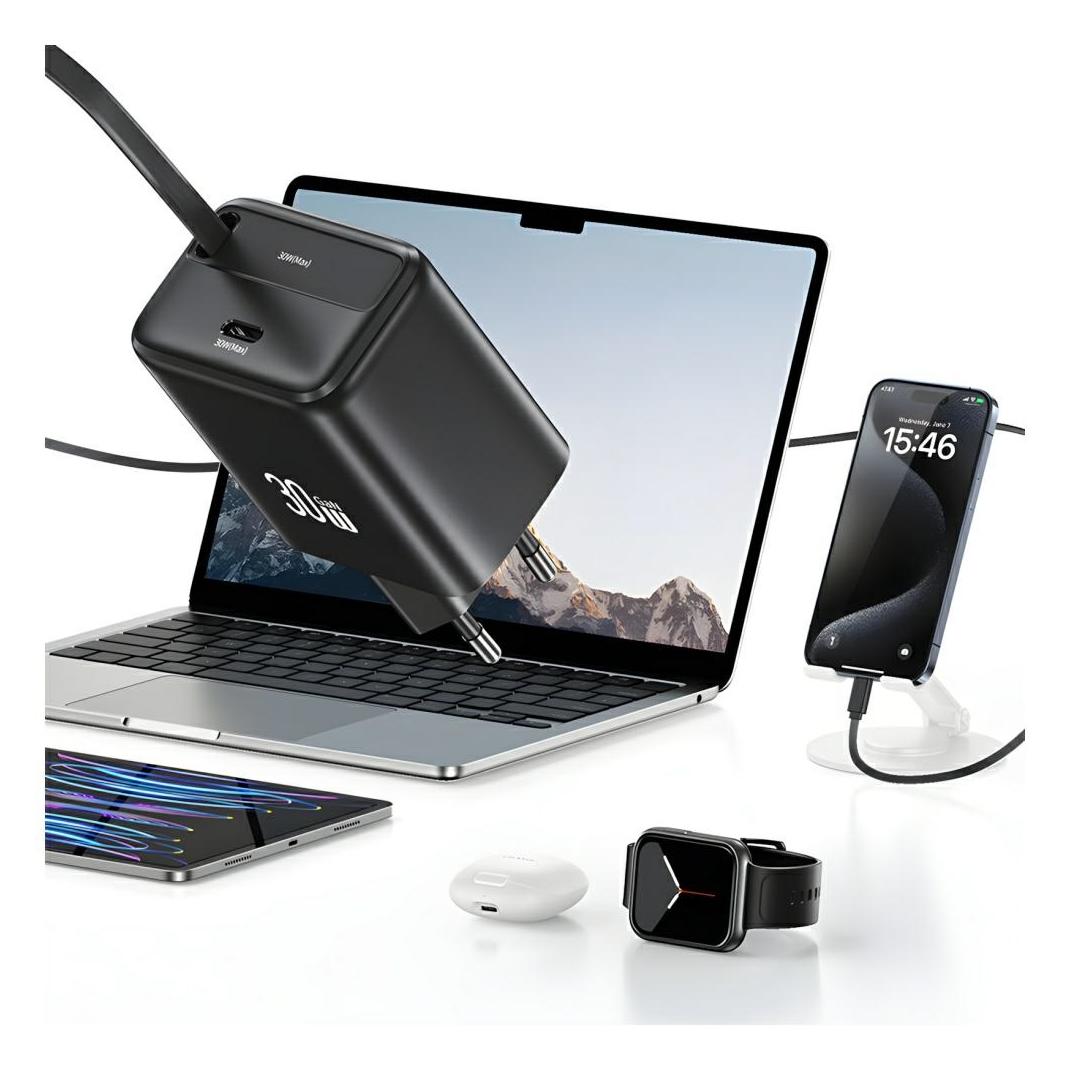 Usams Ład. siec. 1xUSB-C ze zwijanym kablem USB-C Retractable PD+QC 30W Gan Fast Charging czarny/bla (30 W, 2 Ports) (CC241TC01)