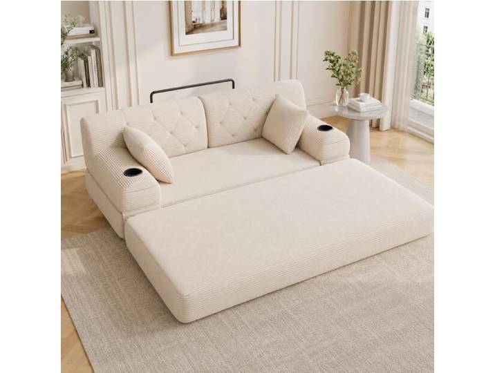 WOVREO Canape-lit compresse 3 places beige dossier haut velours cotele metal 2 porte-gobelets 4 poches