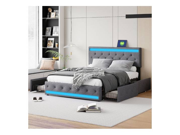 Simurq Polsterbett Polsterbett mit LED, Doppelbett Bettgestell mit gepolstertem Kopfteil, USB-Kopfteil, LED-Licht, gepolstertes stabiles Doppelbett