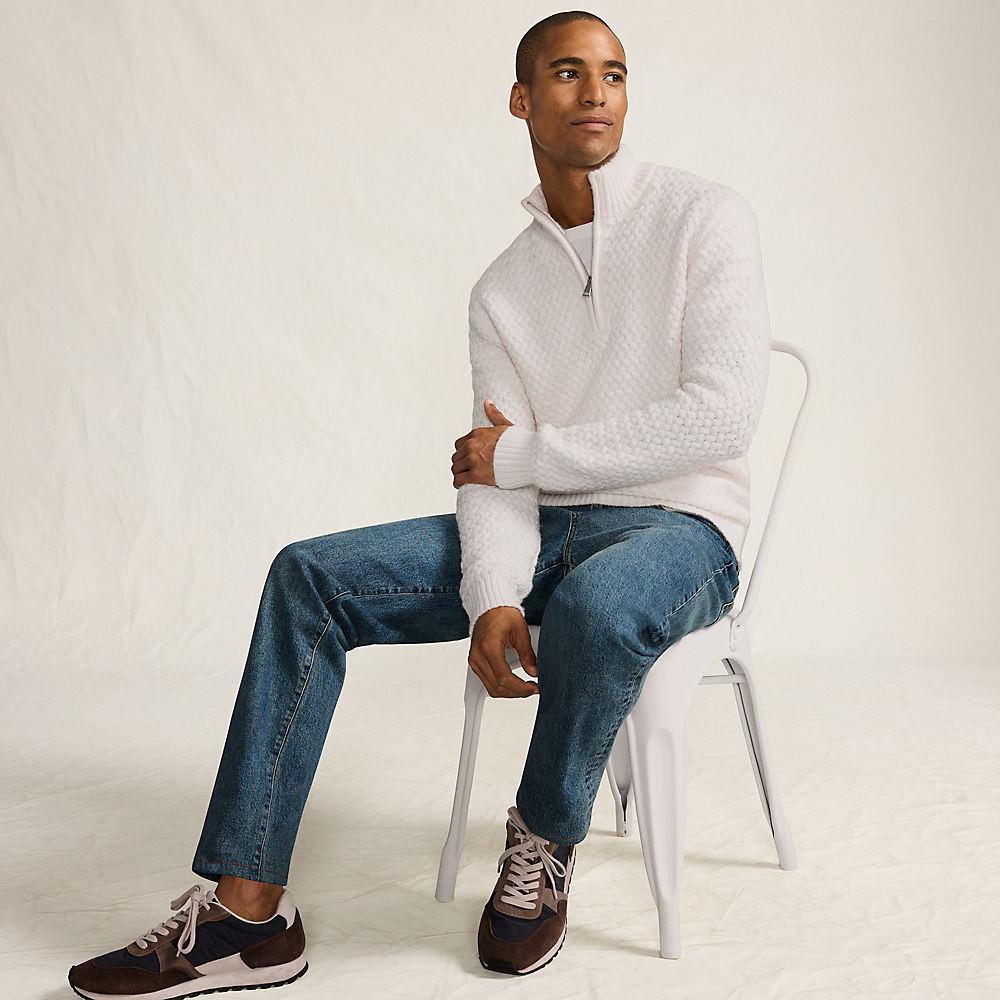 Flechtmuster-Pullover mit Reißverschluss für Herren, Herren, size: regular, Elfenbein, Polyester/Polyester-Mischung, by Lands' End