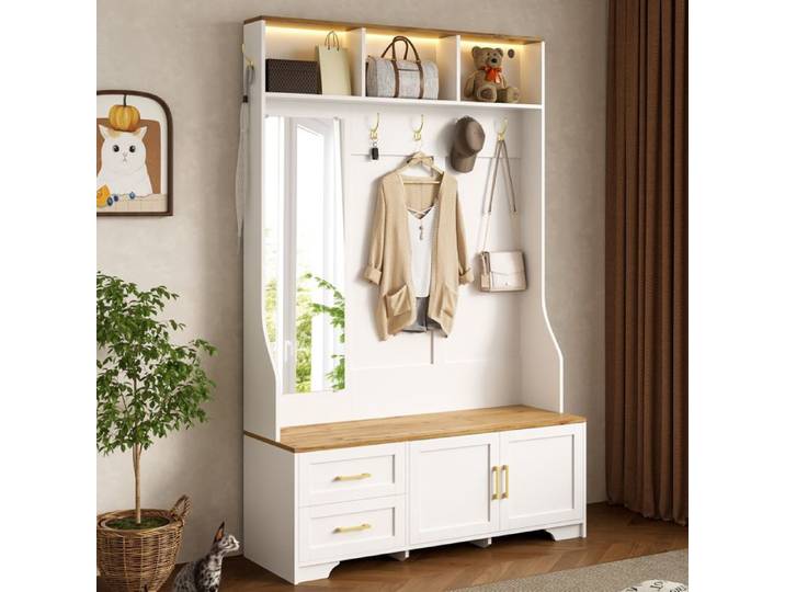 VEVXYN meuble d entrée vestiaire rangement LED 120 x 40 x 187 cm MDF blanc et décor bois avec miroir crochets banc