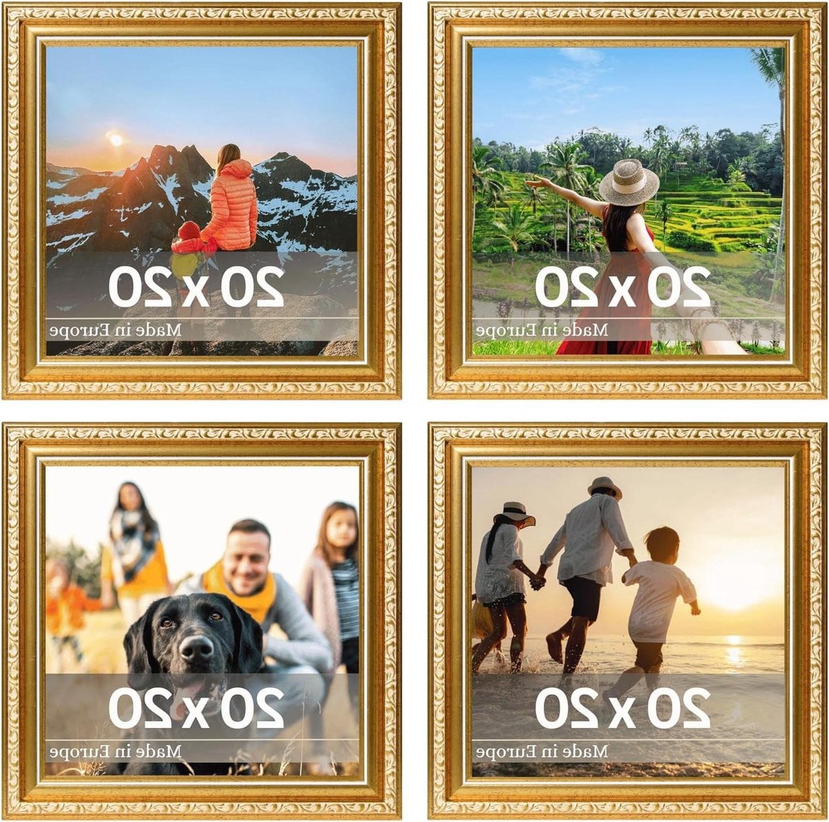 Set van 4 decoratieve fotolijsten in barokke vintage stijl, groen goud, 20x20 cm