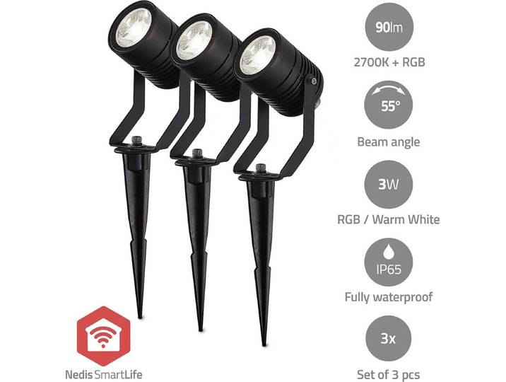 Nedis SmartLife Grondspot – Prikspot – Zigbee 3.0 – RGB & Warm Wit – Buitenverlichting – Waterdicht – Aluminium – 3 Stuks