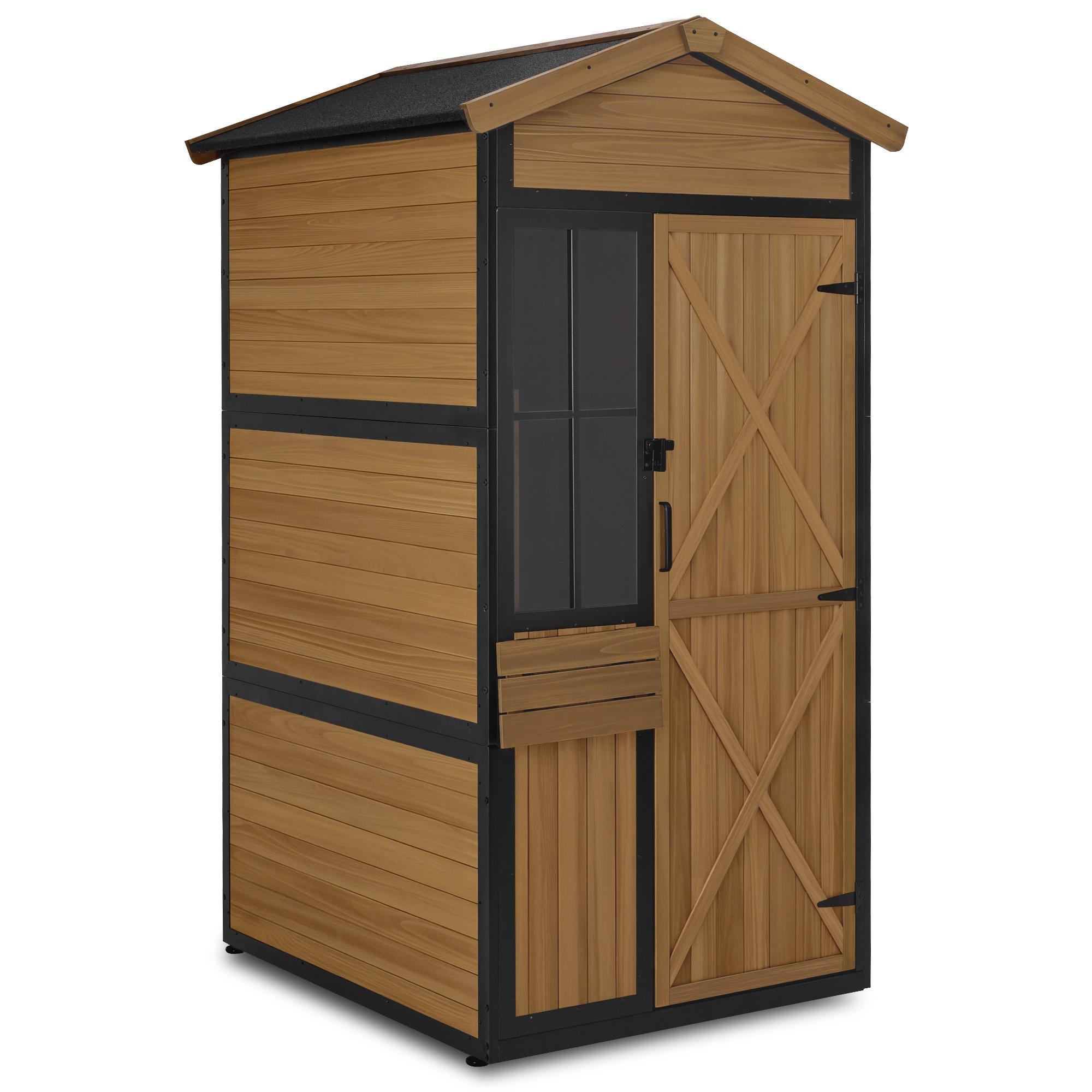 M MCombo Gartenschrank Holz Metgallgestell mit 3 Ablagen, Geräteschuppen Wetterfest, Gartenhaus Outdoor Wasserdicht, für Außenbereich, 2750 (Natur)